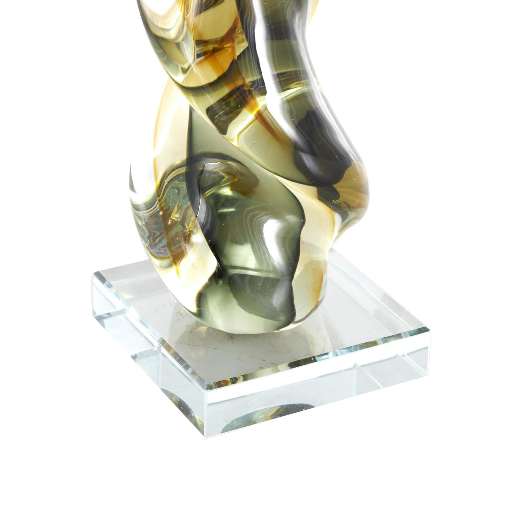 12" Clear, Yellow & Green Abstract Glass Sculpture